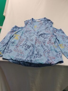 Maette Women's  Blue Floral Cold-Shoulder Blouse Size Medium